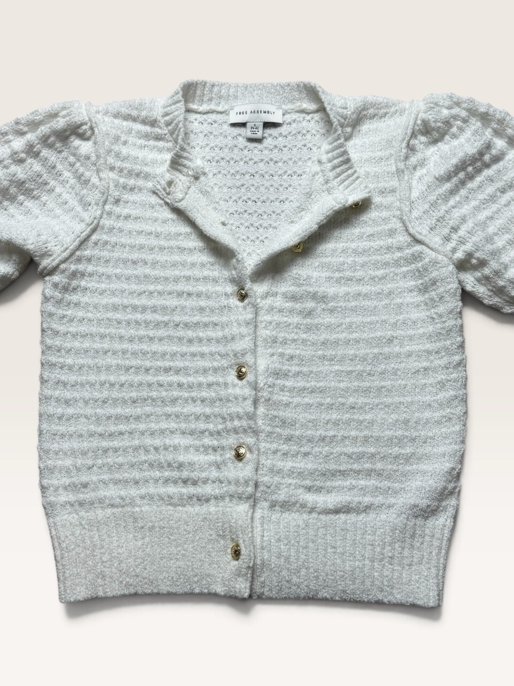 Free Assembly Ivory Textured Puff Sleeve Cardigan Gold Button Sweater Small